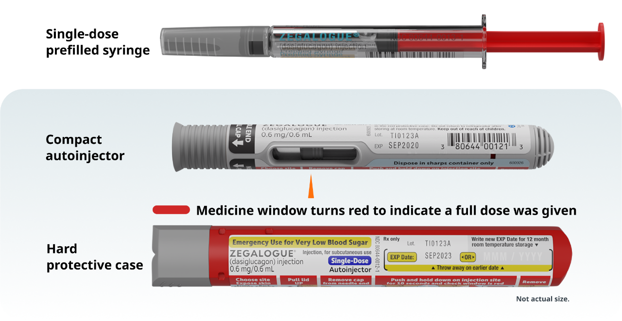 Prefilled Zegalogue® (dasiglucagon) injection syringe, Compact Zegalogue® (dasiglucagon) injection autoinjector with dose window labeled and hard protective case