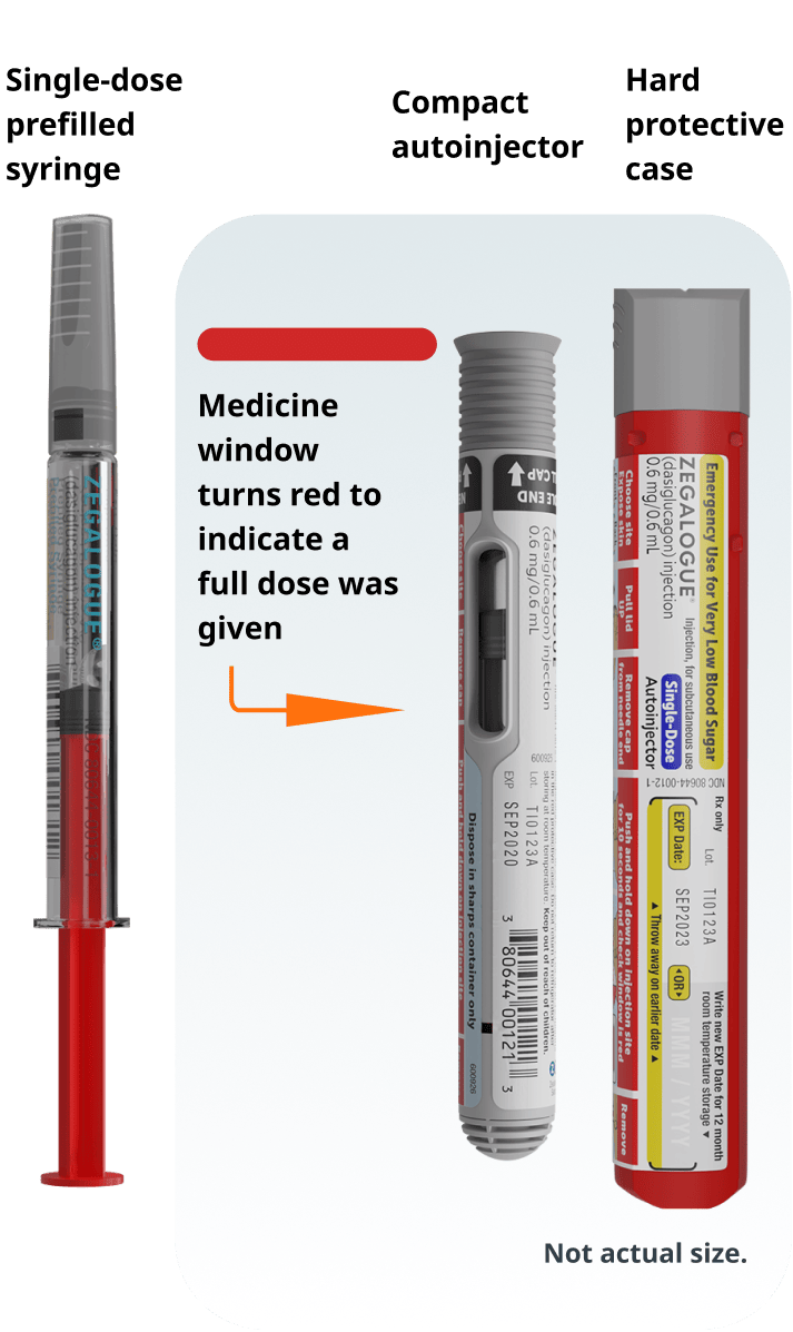 Prefilled Zegalogue® (dasiglucagon) injection syringe, Compact Zegalogue® (dasiglucagon) injection autoinjector with dose window labeled and hard protective case
