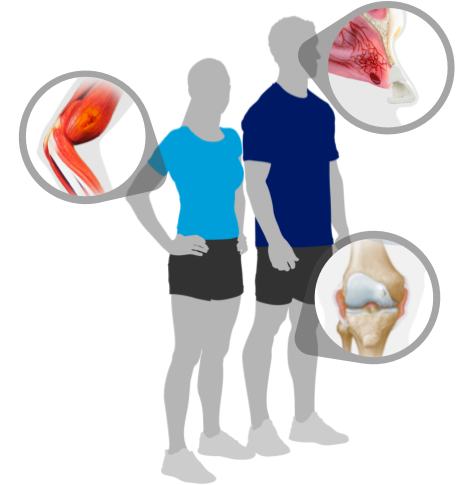 Two people standing, having their arm, nose, and knee highlighted