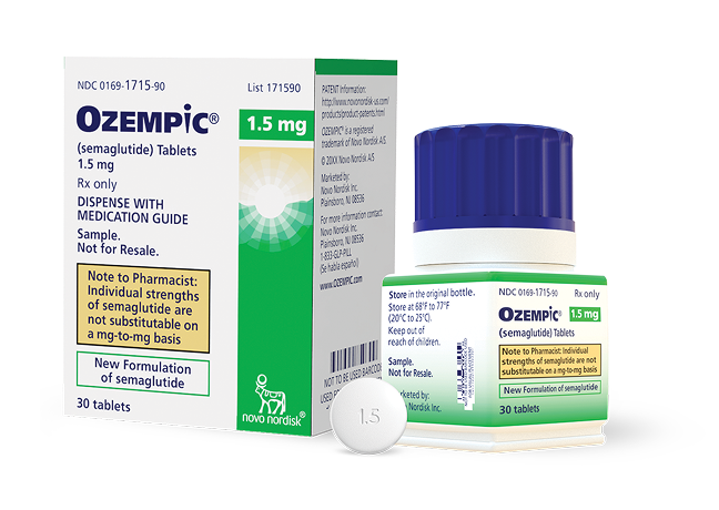 Ozempic® 1.5 mg tablet box, bottle, and pill