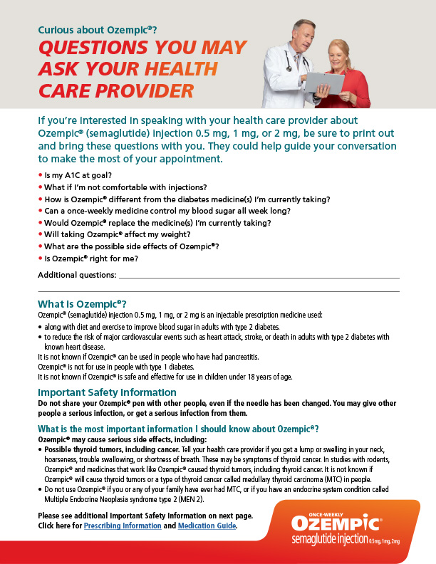 These highlights do not include all the information needed to use OZEMPIC®  safely and effectively. See full prescribing information for OZEMPIC.  OZEMPIC (semaglutide) injection, for subcutaneous use Initial U.S.  Approval: 2017