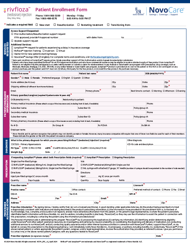 Rivfloza® New-Patient Enrollment Form