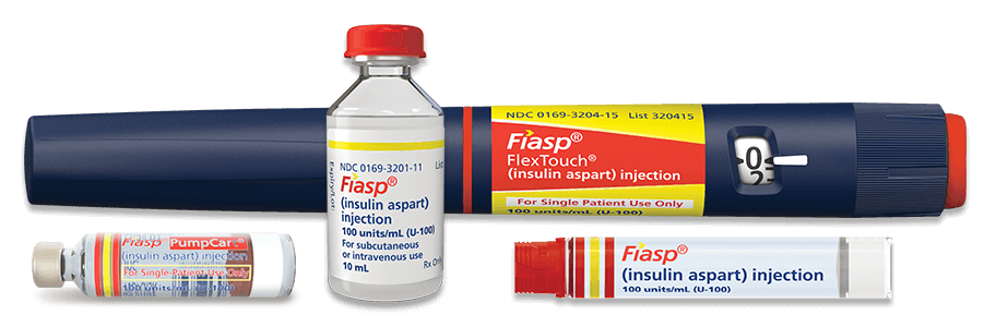Fiasp® (insulin aspart) injection pen, vial, insulin cartridge, and PumpCart®