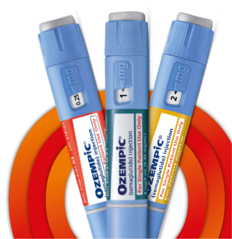 Red, blue, and yellow label Ozempic® (semaglutide) injection Pens with an orange half circle in background