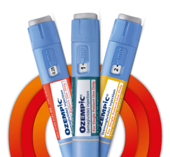 Red, blue, and yellow label Ozempic® (semaglutide) injection Pens with an orange circle in background