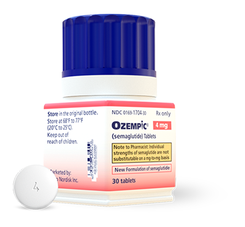 Ozempic® 4 mg pill bottle and tablet