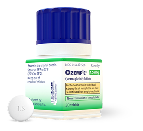 Ozempic® 1.5 mg pill bottle and tablet