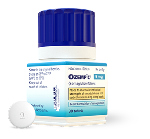Ozempic® 9 mg pill bottle and tablet