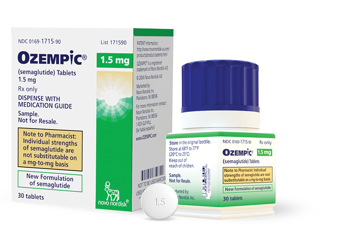 Ozempic® 1.5 mg tablet box, bottle, and pill