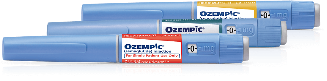 Red, blue, and yellow label Ozempic® (semaglutide) injection Pens stacked horizontally
