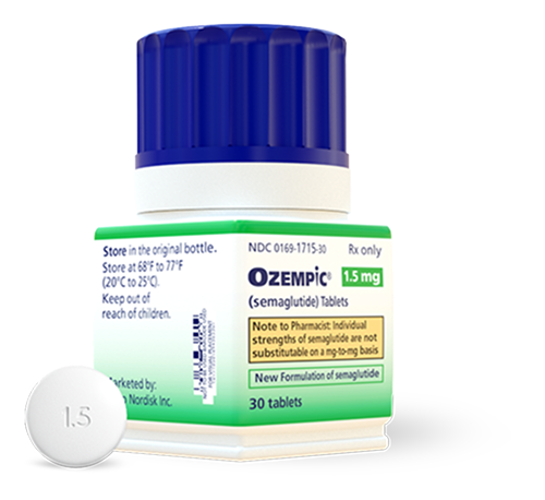 Ozempic® 1.5 mg pill bottle and tablet