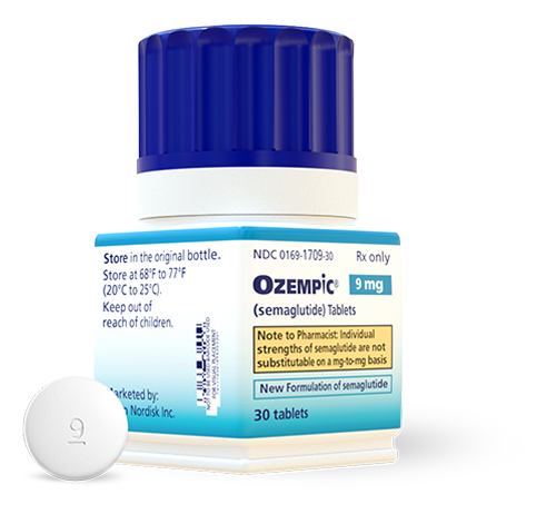 Ozempic® 9 mg pill bottle and tablet