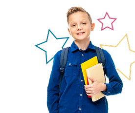 boy holding books with backpack