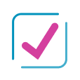Pink checkmark inside blue box icon