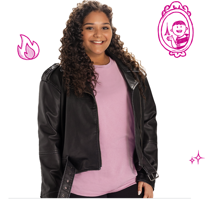 Brittany, an actress, wearing a pink shirt with a black jacket