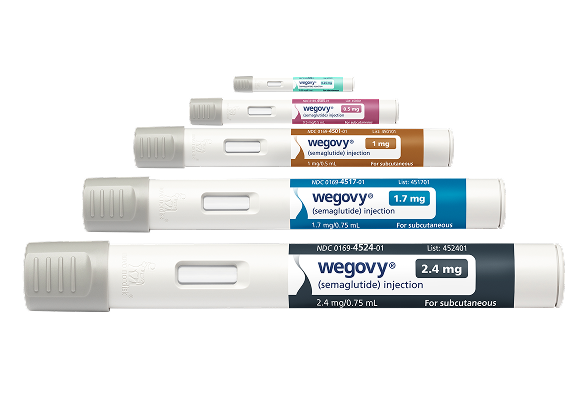 Five Wegovy® injector pens placed in ascending order by dosage