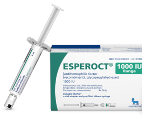 Esperoct® [antihemophilic factor (recombinant), glycopegylated-exei] box and prefilled diluent syringe