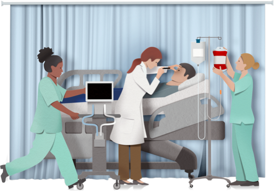 Illustration of patient at hospital with a doctor and nurse