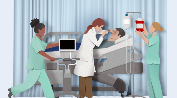 Illustration of patient at hospital with a doctor and nurse