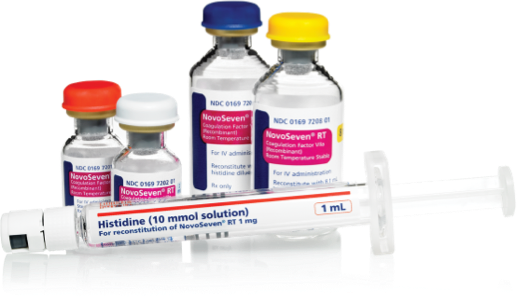 NovoSeven® RT (coagulation Factor VIIa, recombinant) medication vials and syringe