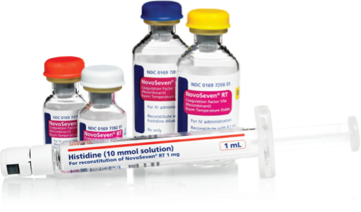 NovoSeven® RT (coagulation Factor VIIa, recombinant) medication vials and syringe