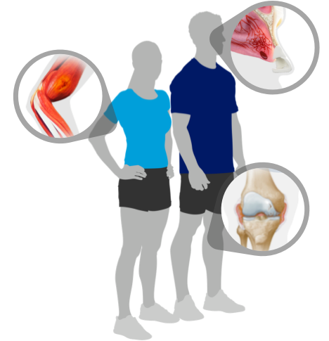 Two people standing, having their arm, nose, and knee highlighted